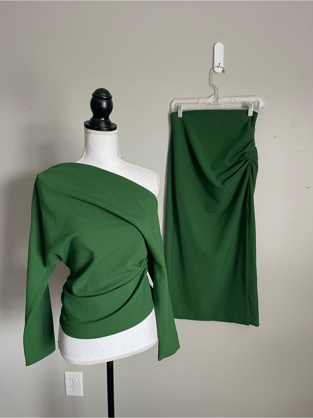 ZARA Forest Green Draped Two-Piece Co-Ord Midi Skirt Set Sz S